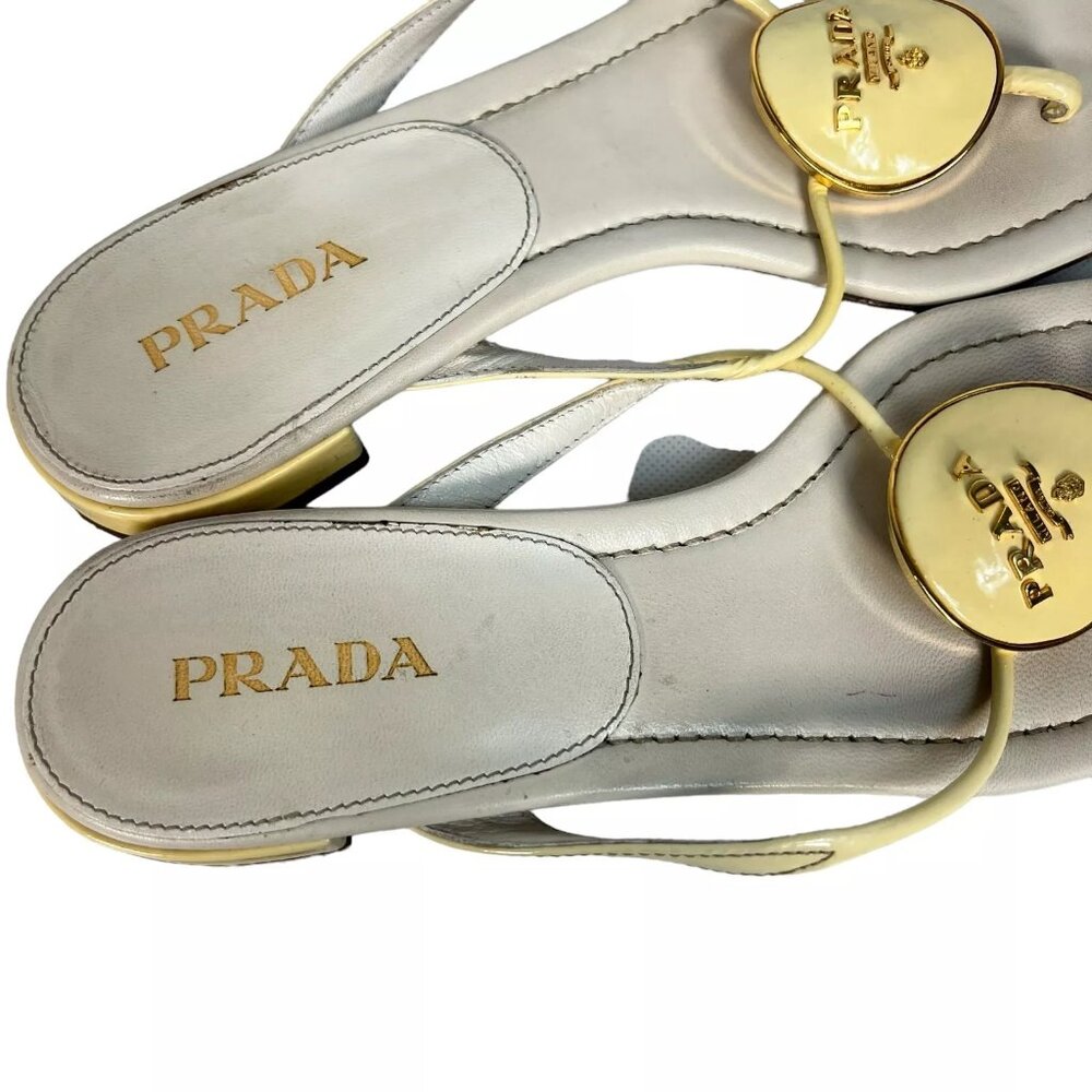 Prada Cream Enamel Logo Plaque Leather Flip Flop Sandals Size EU 40 Womens - Picture 9 of 16